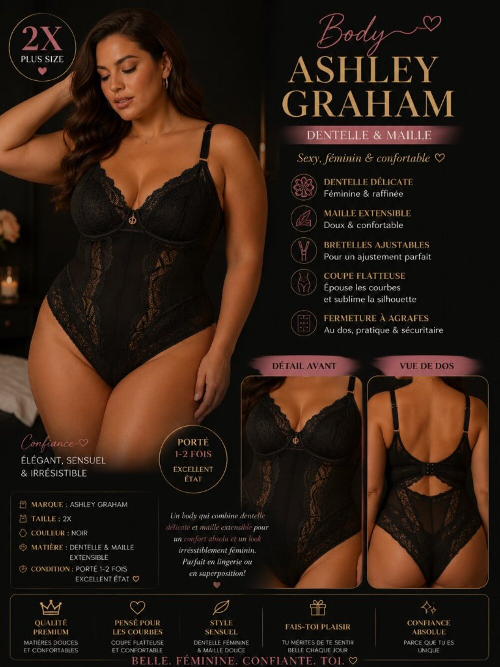 Ashley Graham Black Lace Bodysuit – Plus Size 2X